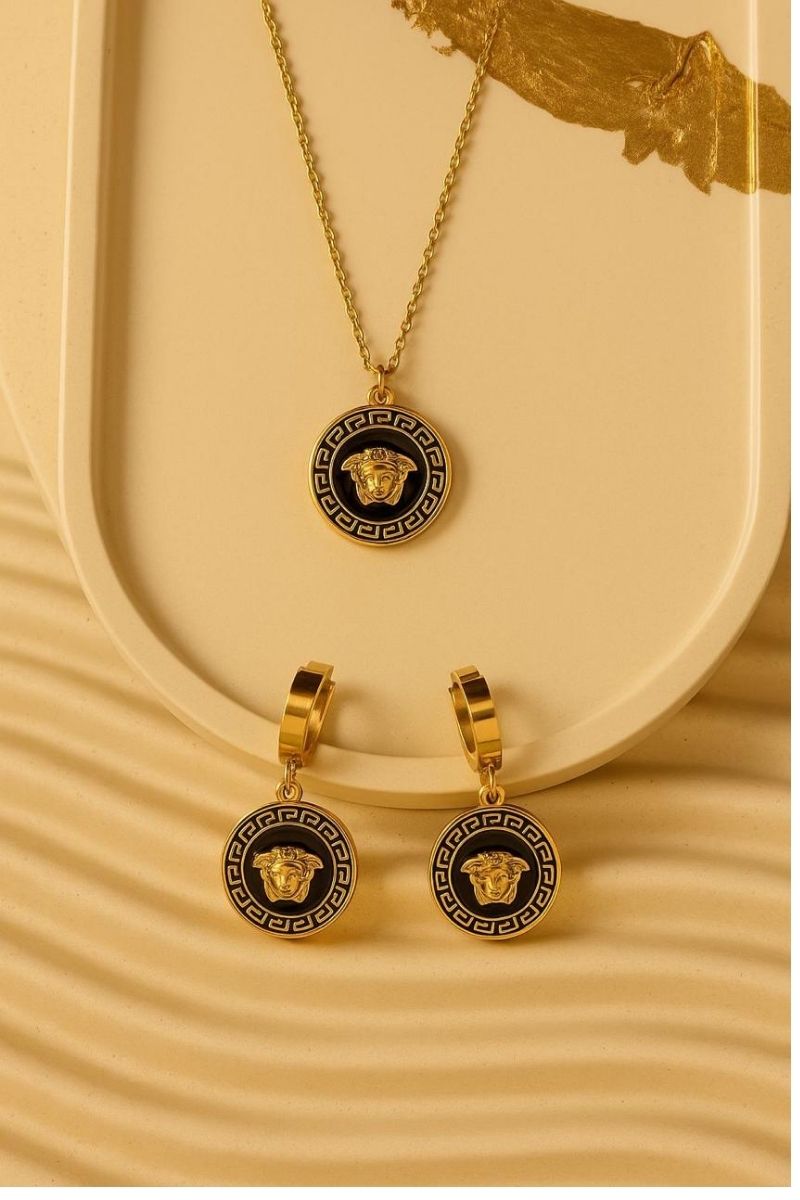 Golden Medusa Square Pendant Set Main Golden Medusa Square Pendant Set Main